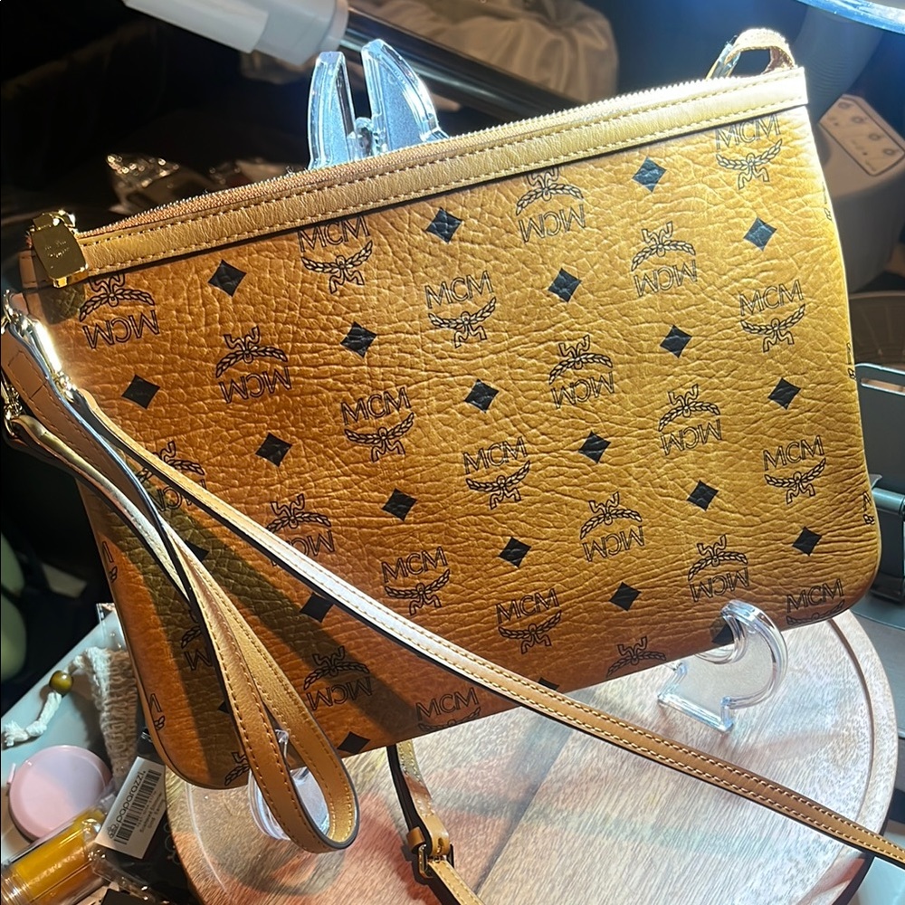 MCM Tan Clutch wristlet crossbody with Iconic Monogram and Gold-Tone Hardware